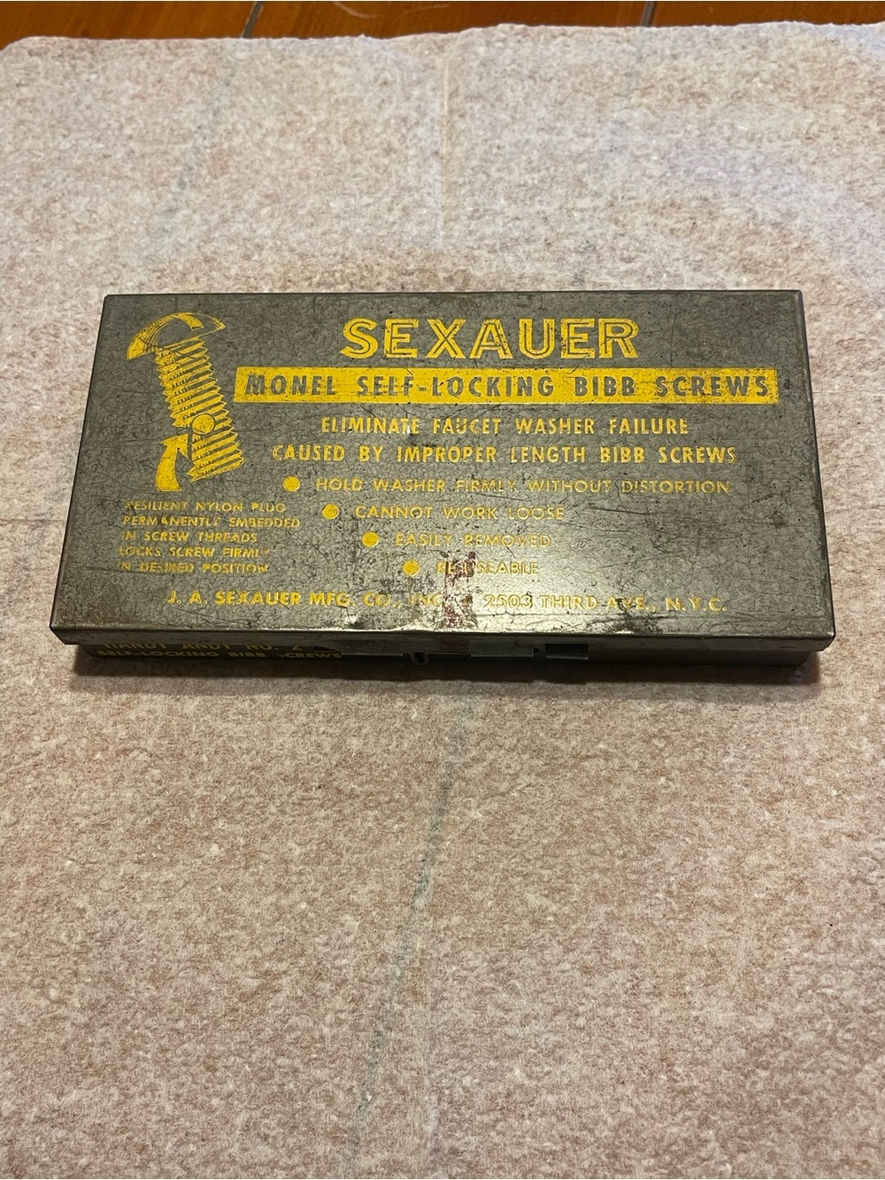 Handy Andy Sexauer Monel Self-Locking Bib Screws Gray Box with Yellow Print Vtg